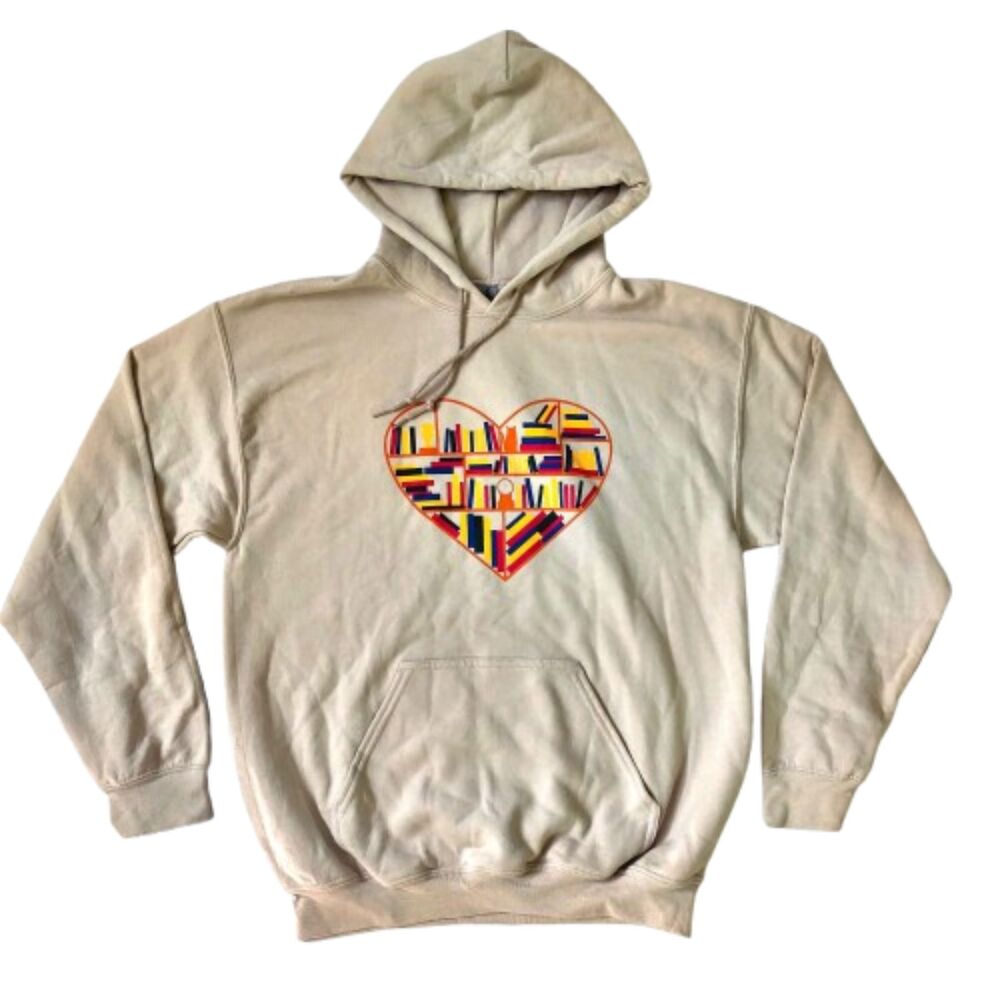 Gildan Heavy Blend Cream Hoodie Size M Bookshelf Heart Cat Graphic Pullover
